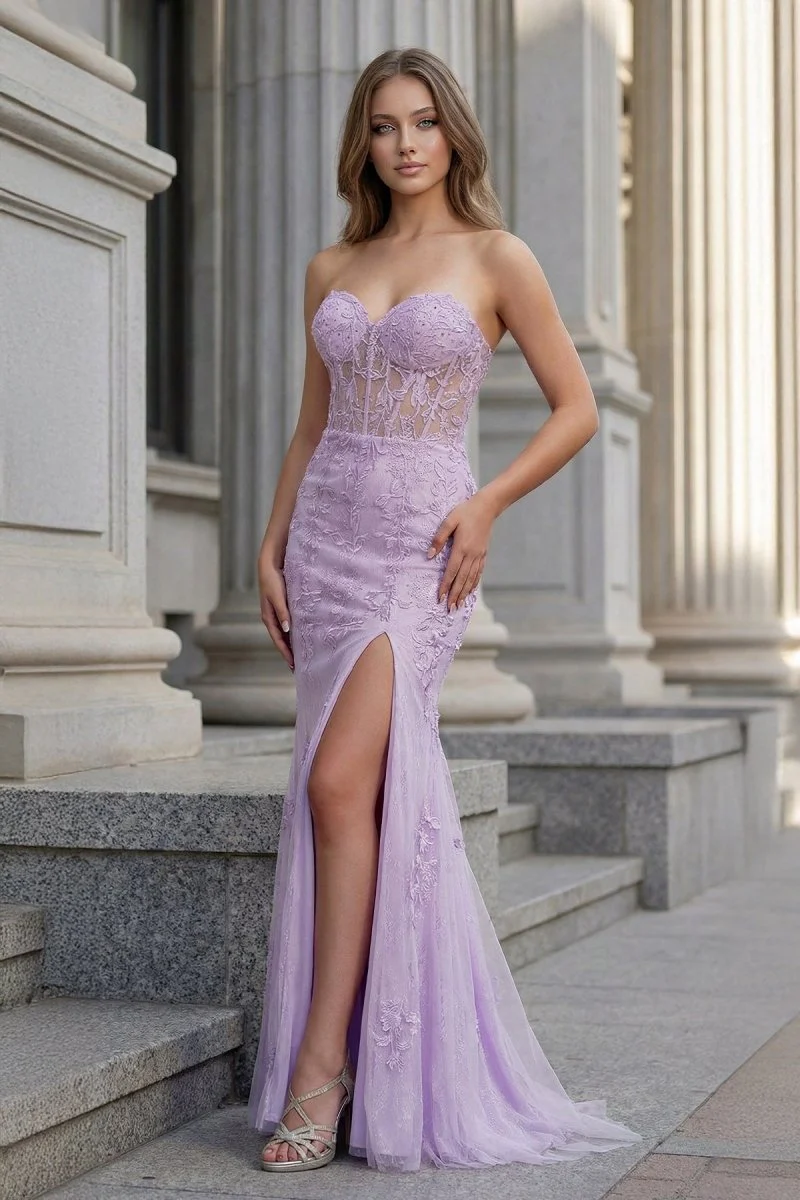 Mermaid Strapless Corset Lace Prom Dress with Slit
