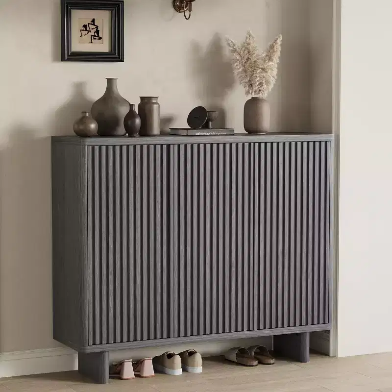 46 Inch Shoe Cabinet with Fluted Door, 5-Tier Storage with 4 Adjustable Shelves, Rustic Entryway Shoe Bench for Hallway, Living room