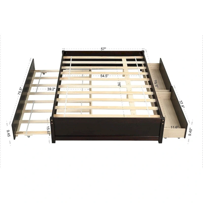 Full Bed Frame With Twin Trundle and 2 Drawers