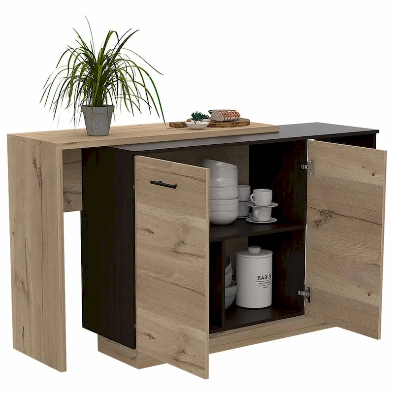 Portable Kitchen Island Bar Table, Wood Top, 2 Doors, 3 Interior Shelves, 2 Open Shelves, Scratch-Resistant, Contemporary Style, Black Wengue / Light Oak, Seats 2-3