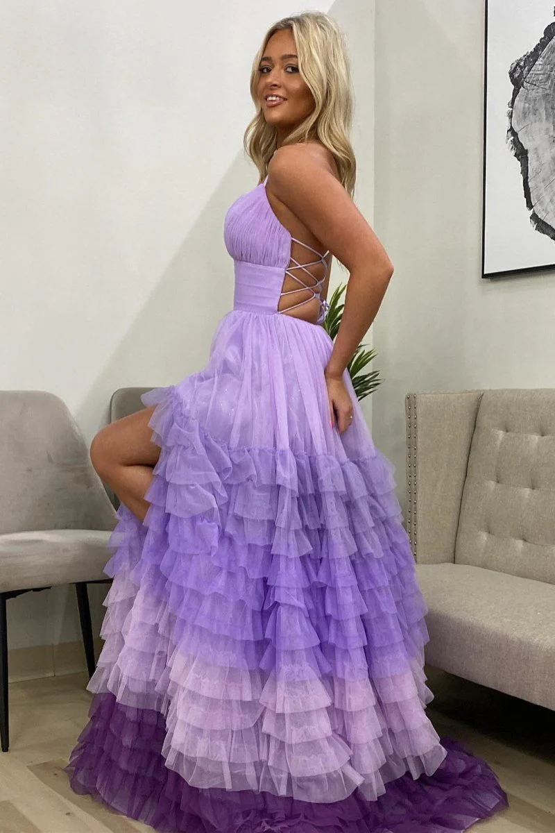 A Line V Neck Lilac Tulle Prom Dresses with Slit