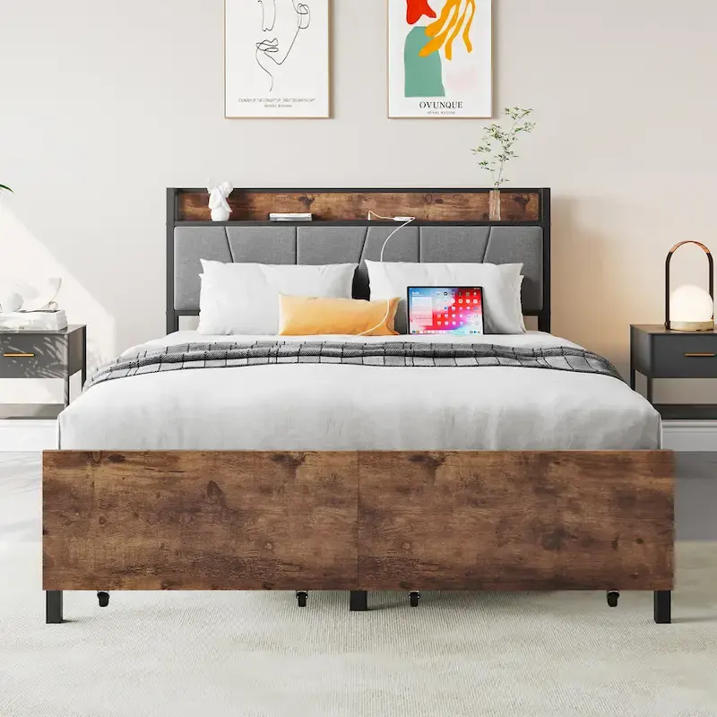 Black Full Size Platform Bed with 2 Drawers & Charging Headboard, 1-2 Person