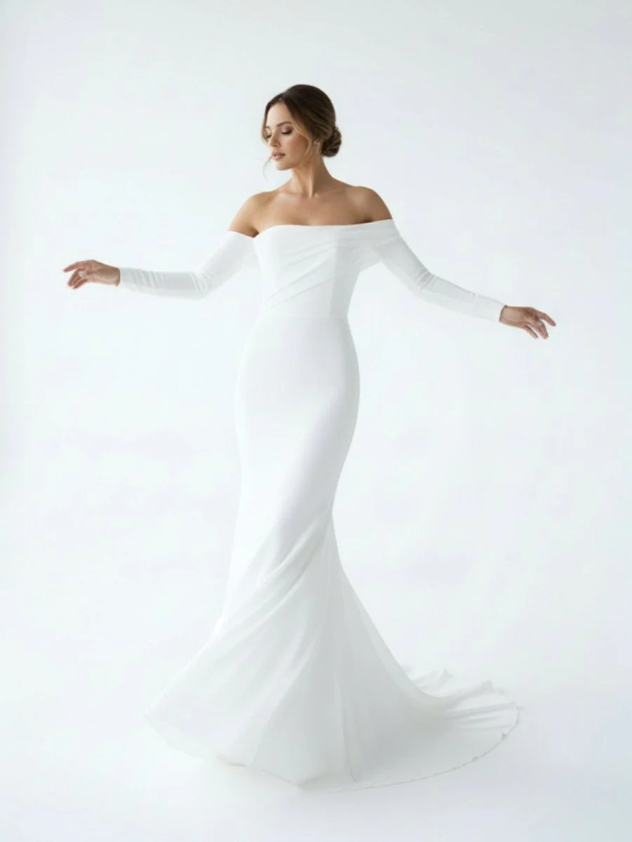 Simple White Boho Mermaid Long Wedding Dress with Sleeves