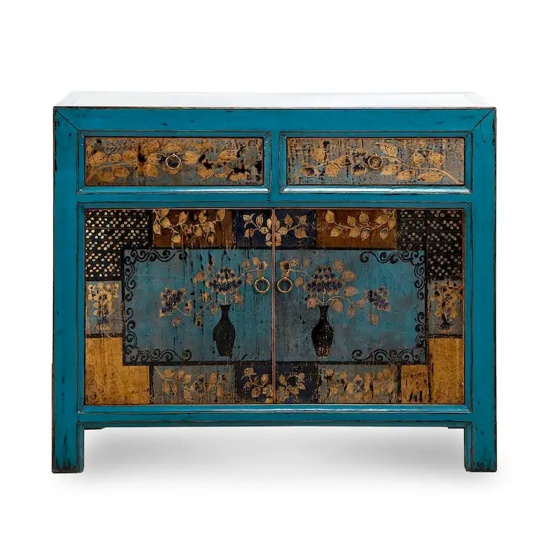 Antique Indigo Floral Accent Cabinet with 2 Drawers — Handcrafted Solid Pine Wood