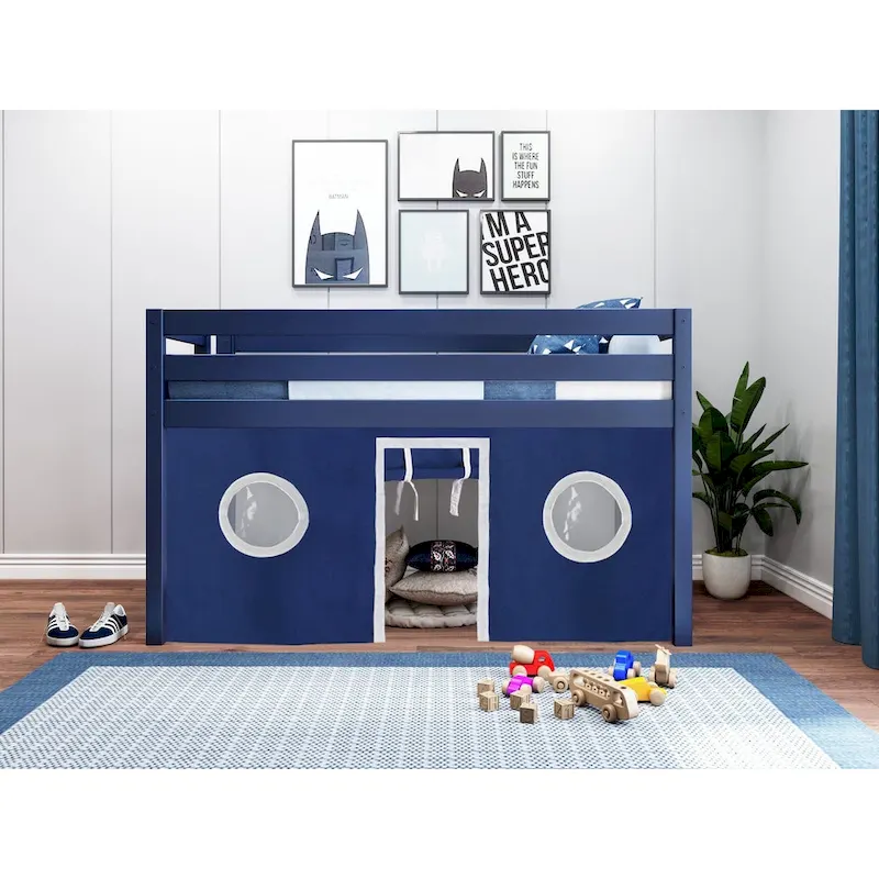 Contemporary Low Loft Twin Bed with End Ladder and Tent