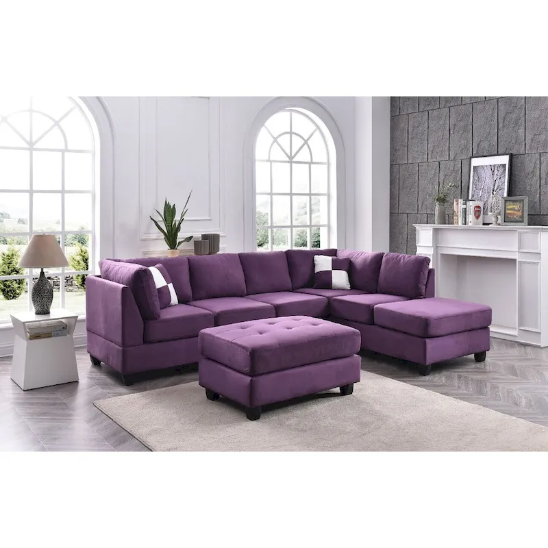 Reversible Microsuede 4-Seater Sectional Sofa with Throw Pillows – Purple