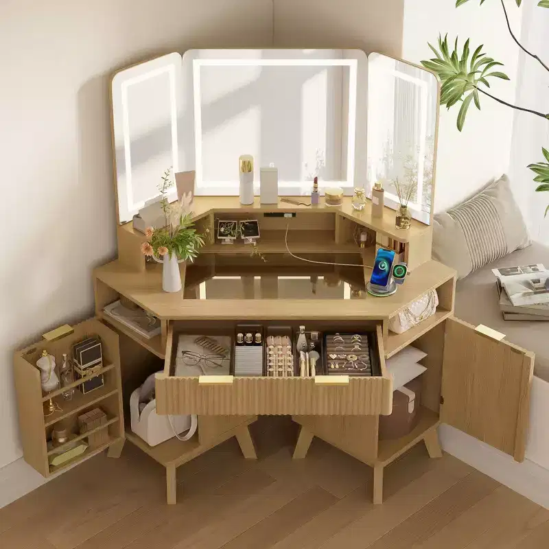 GDFStudio Madison Modern Wood Corner Makeup Vanity Desk with Lighted Mirror and Charging Station
