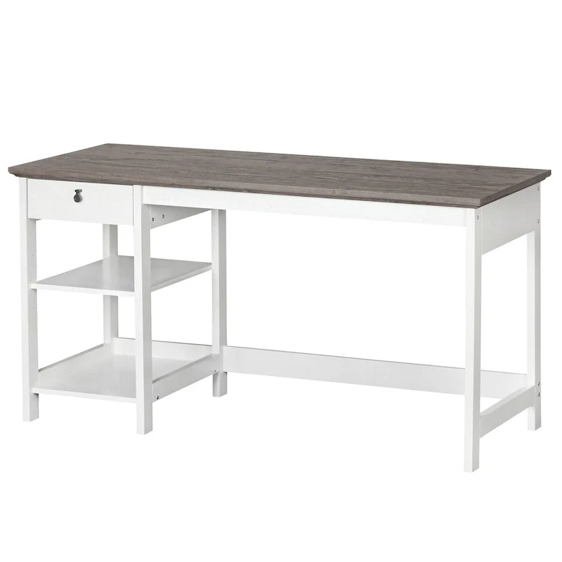 Driftwood & White Farmhouse Writing Desk with Drawer & Shelves, 1-Person