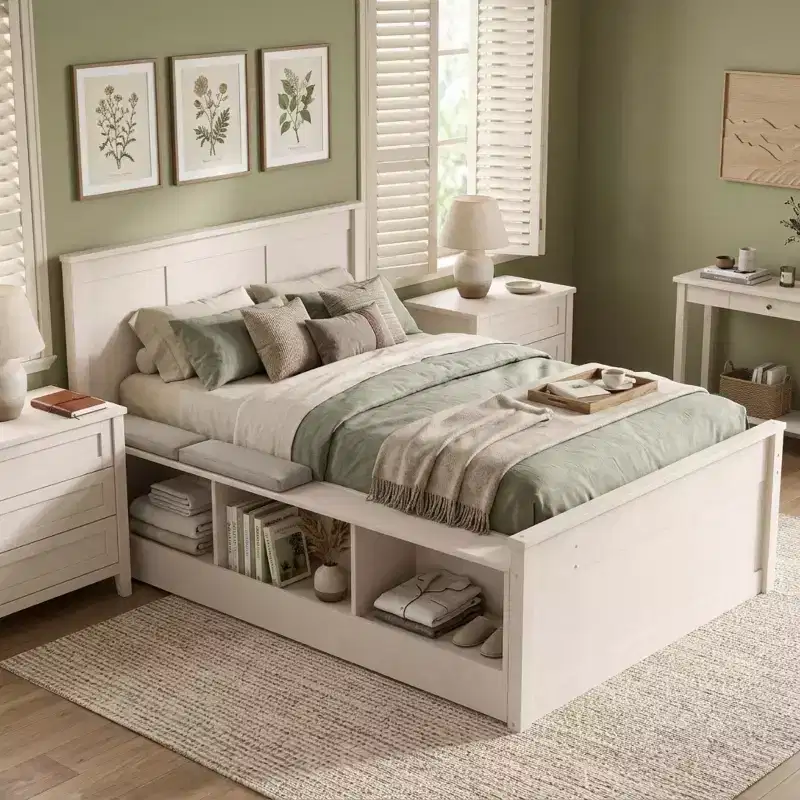 Cream White / Natural Solid Wood Platform Bed with Trundle & Storage, Twin/Full, Sleeps 1–2