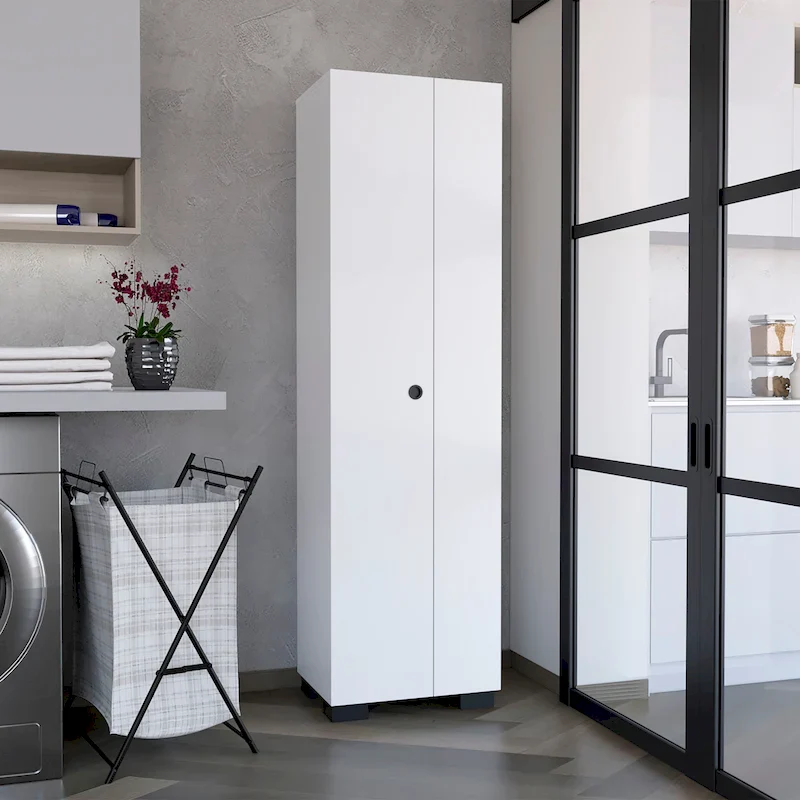 Slim Broom Cabinet with Inner Shelves & Side Broom Hangers — White