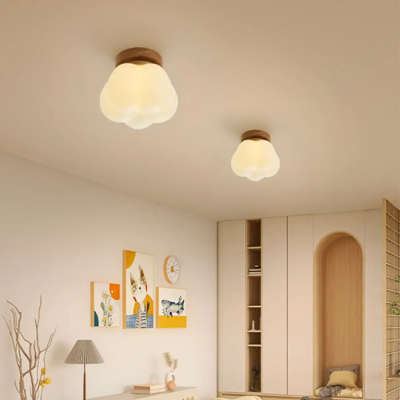 Modern Small White Resin Petal Wood Semi Flush Ceiling Light