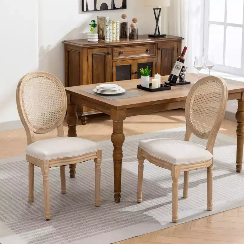 Set of 2 French Style Dining Chairs Upholstered Chairs Accent Chairs Armless Chairs with Rattan Back/Upholstered Back, Natural+Beige/Gray-ModernLuxe