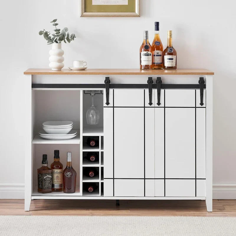 Farmhouse 47 Wine Bar Cabinet Buffet Sideboard Cabinet with 16 Bottle Wine Rack - 15.7D x 47.2W x 34.61H