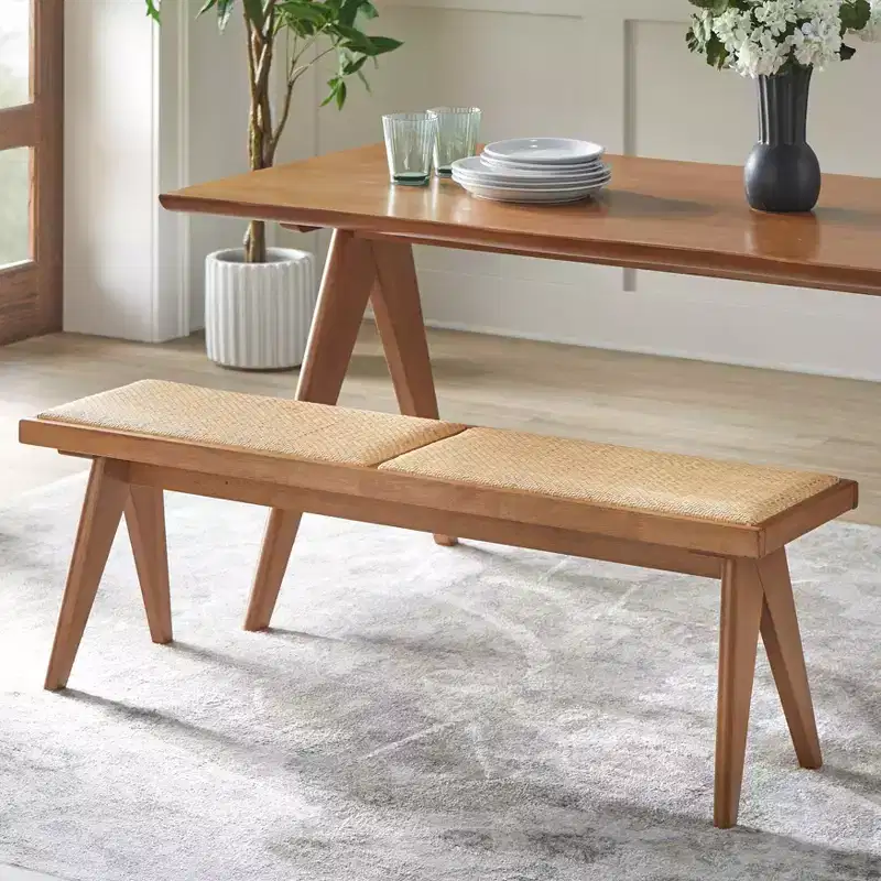 Buylateral Valentina Modern Rattan Solid Wood Dining Bench Light Walnut