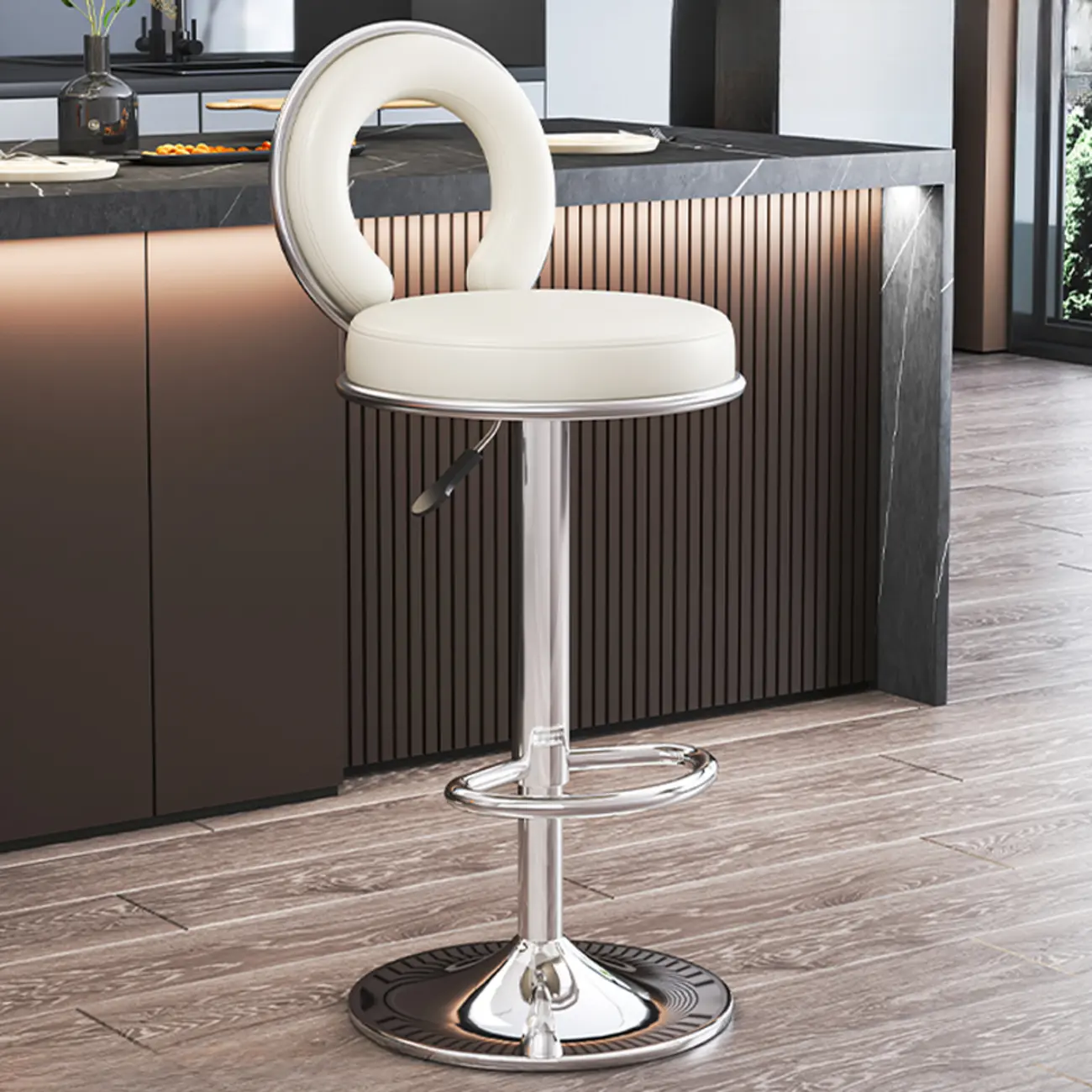 Glam Round Adjustable Leather Swivel Bar Stool with Back
