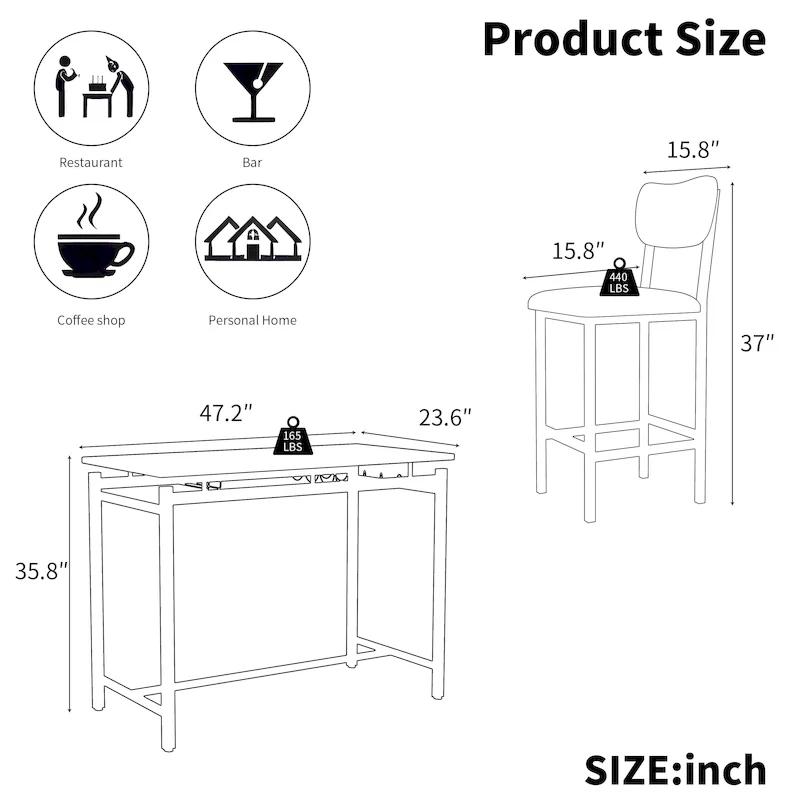 White Marble-Top Bar Table Set with 2 Stools, 2-Person