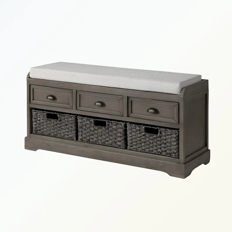 Grey / White / Black Cushioned Storage Bench with 3 Drawers & 3 Baskets, Seats 1–2