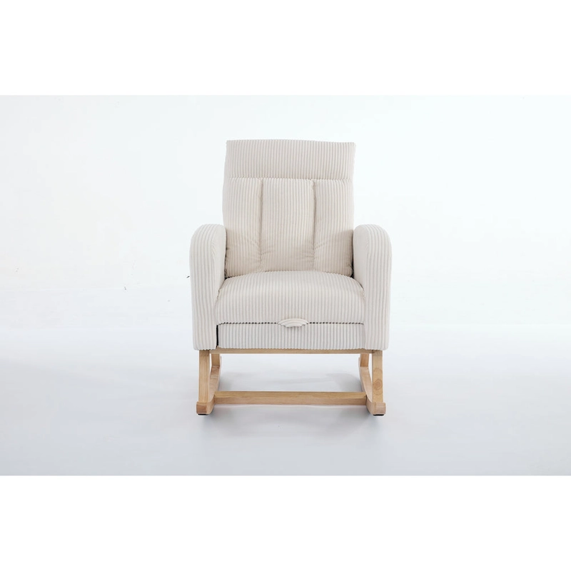 Accent Rocking Chair with Solid Wood Legs, Upholstered Nursery Glider Rocker, Comfy Armchair with Side Pocket