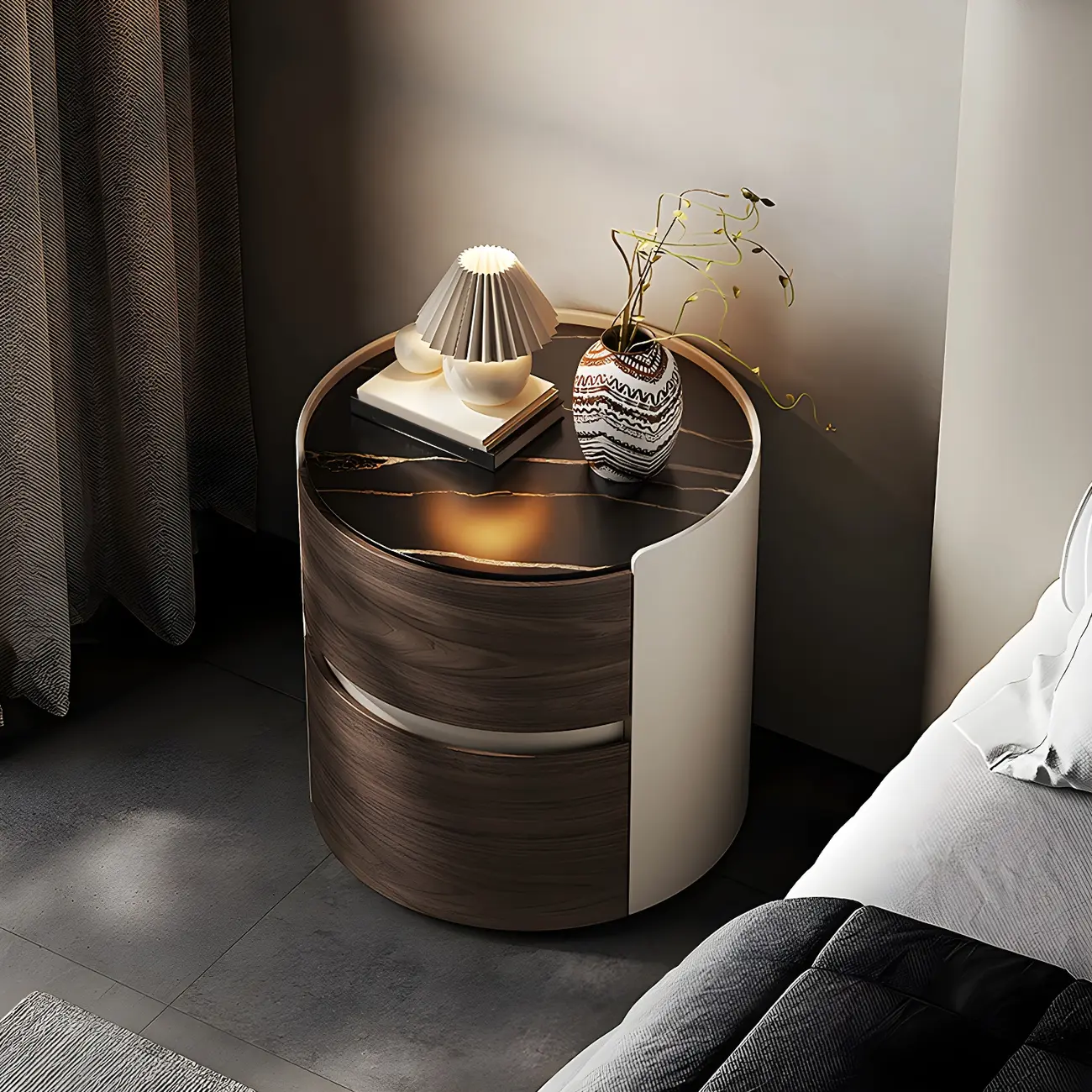 Modern Slate Countertop Round 2-Drawer Nightstand