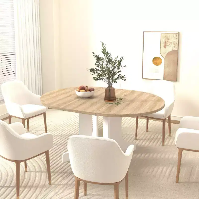 Okak 59IN Farmhouse Expandable Dining Table with Criss Cross Legs, Kitchen Table with Removable Leaf Trestle, Folding Table for Kitchen, White+Oak