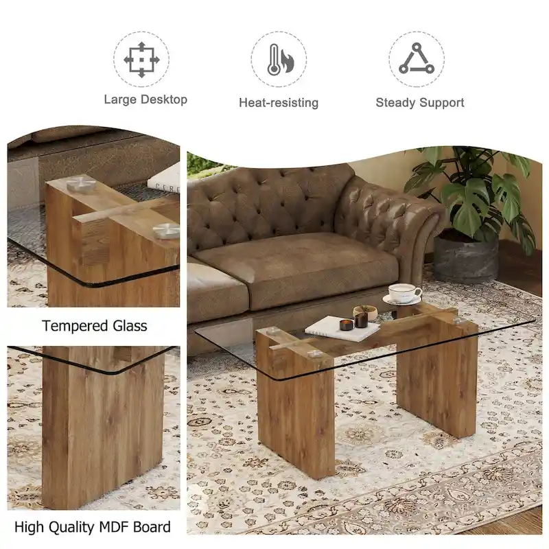 Tempered Glass Coffee Table with MDF Column Legs