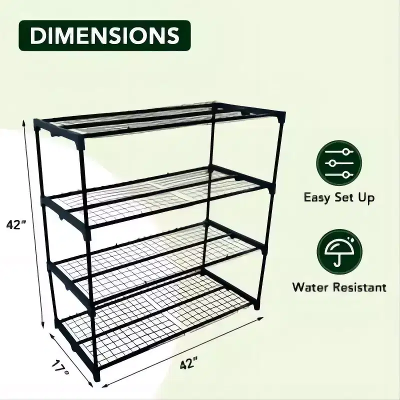 4 Tier Plant Stand Storage Shelf Iron Frame and PP Shelves with Thick Straps, Dark Green Outdoor Indoor Shelving Unit
