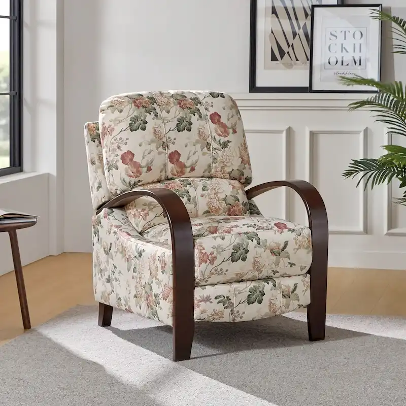 Red / Blue / Grey Floral Polyester Manual Recliner with Curved Arms - Single Use