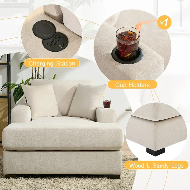 43.5 Chenille Fabric Chaise Lounger Sofa Couch with Pillows, Charge Station & Cup Holders