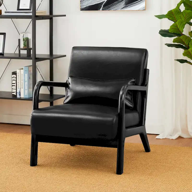 Glitzhome 30.75H Mid-Century Modern PU Leather Armchair Accent Chair with Pillow - 25.75W x 33.75D x 30.75H