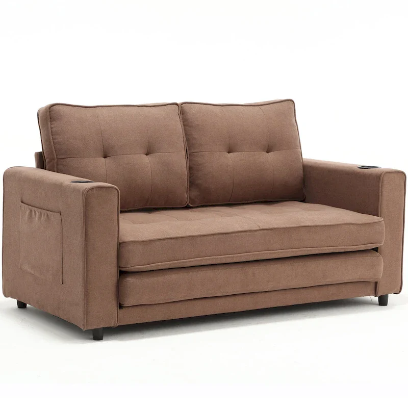Foldable Tufted Loveseat with Pull Out Bed and Side Pockets