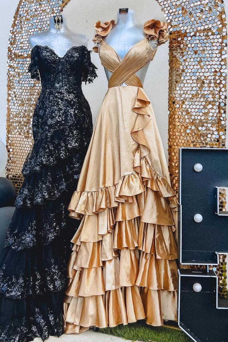 Red Cutout Ruffle A-Line Long Prom Dress with Slit