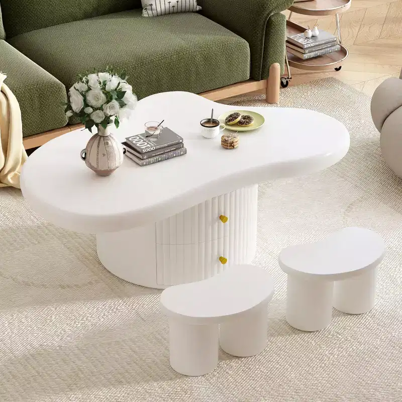 Okak Set of 3 Modern Cloud Coffee Tables, Irregular Shape Center Table with 2 Drawers & 2 Small Stools, Coordinated Living Room Duo