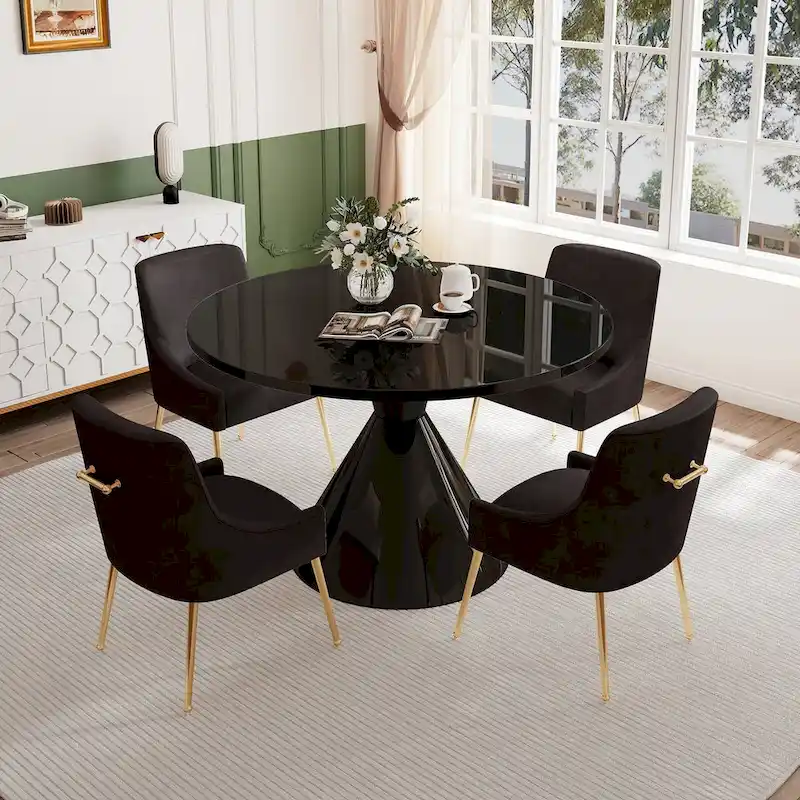 48 Light Luxury Black High Gloss Large Countertop Dining Table with Velvet Dining Chair Set