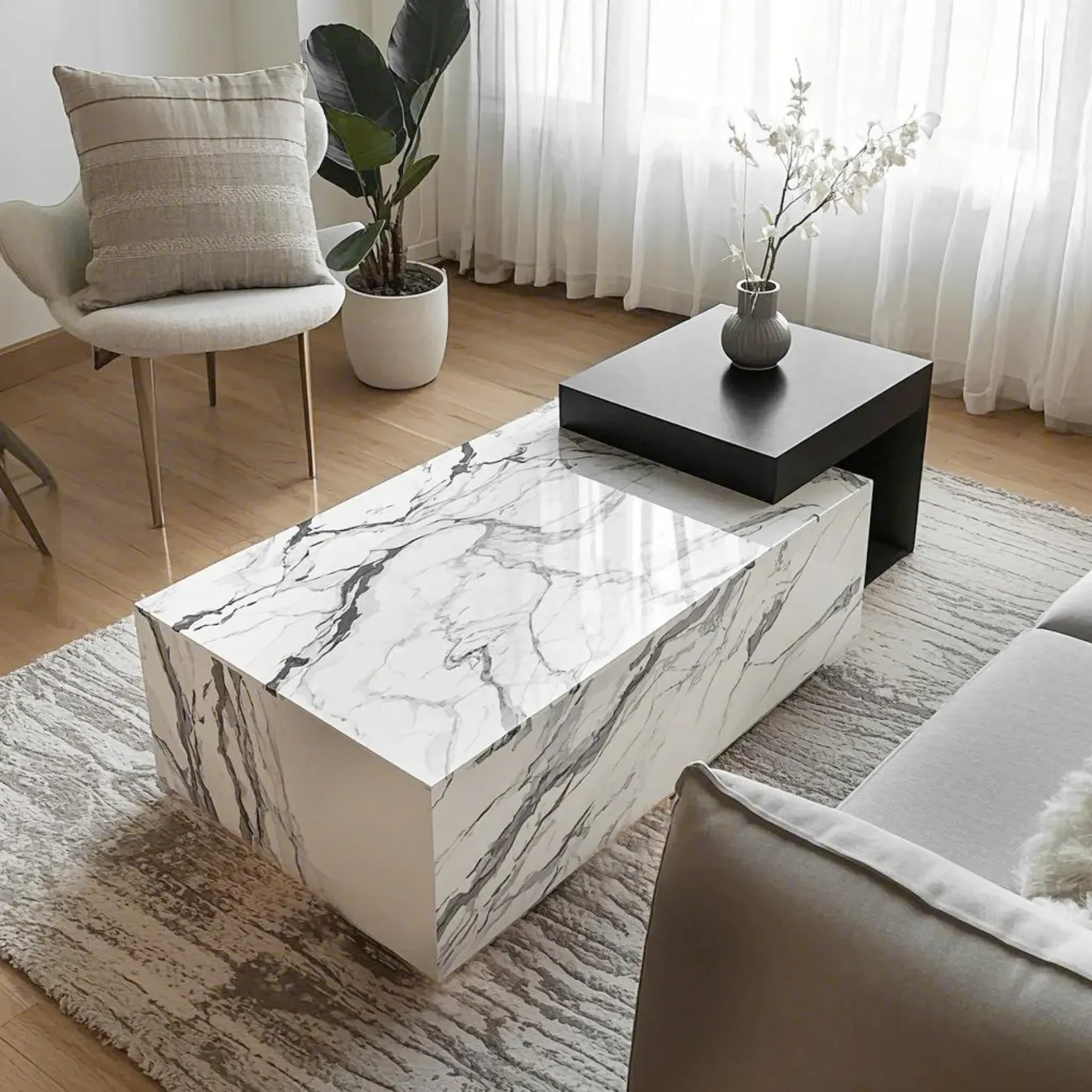 Modern Faux Marble Ivory Rectangular Coffee Table