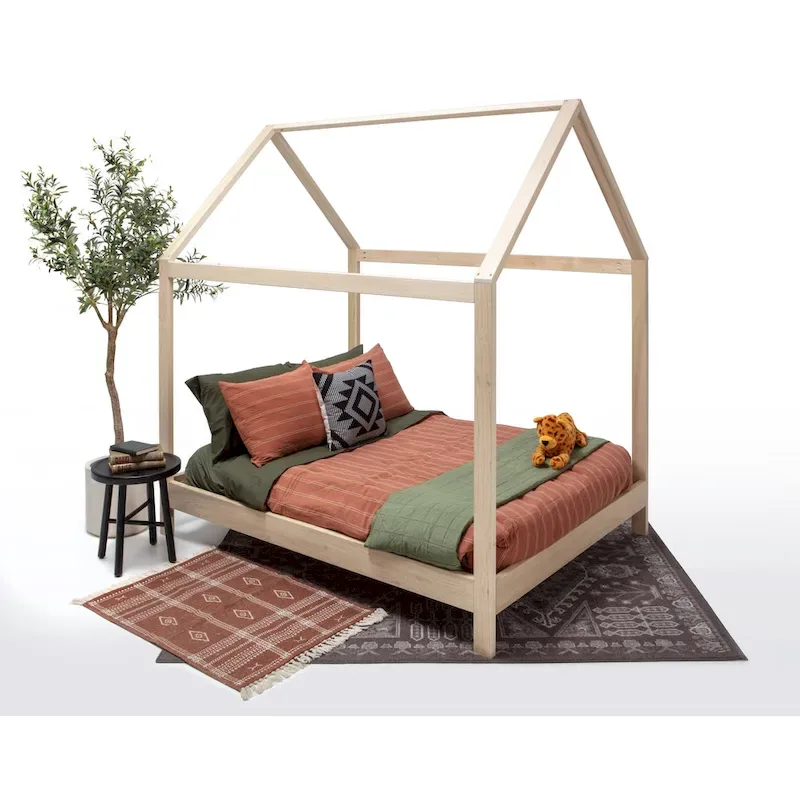 Full Size House Bed Frame with Raised Base Kids Bedroom Wood