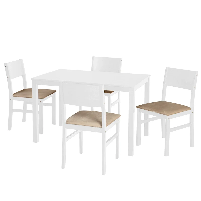 Solid Rubberwood Dining with Cushioned Chairs – White / Espresso, Microfiber / Faux Leather, Seats 4