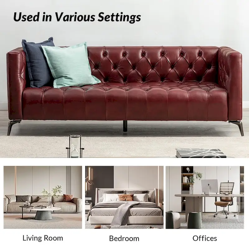 Transitional Genuine Leather Sofa with Metal Legs and Tufted Back