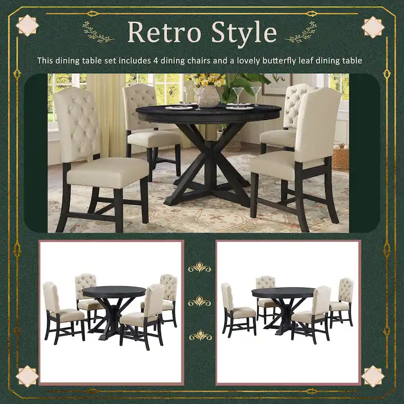 Functional Dining Table Set with Extendable Table and 4 Upholstered Chairs