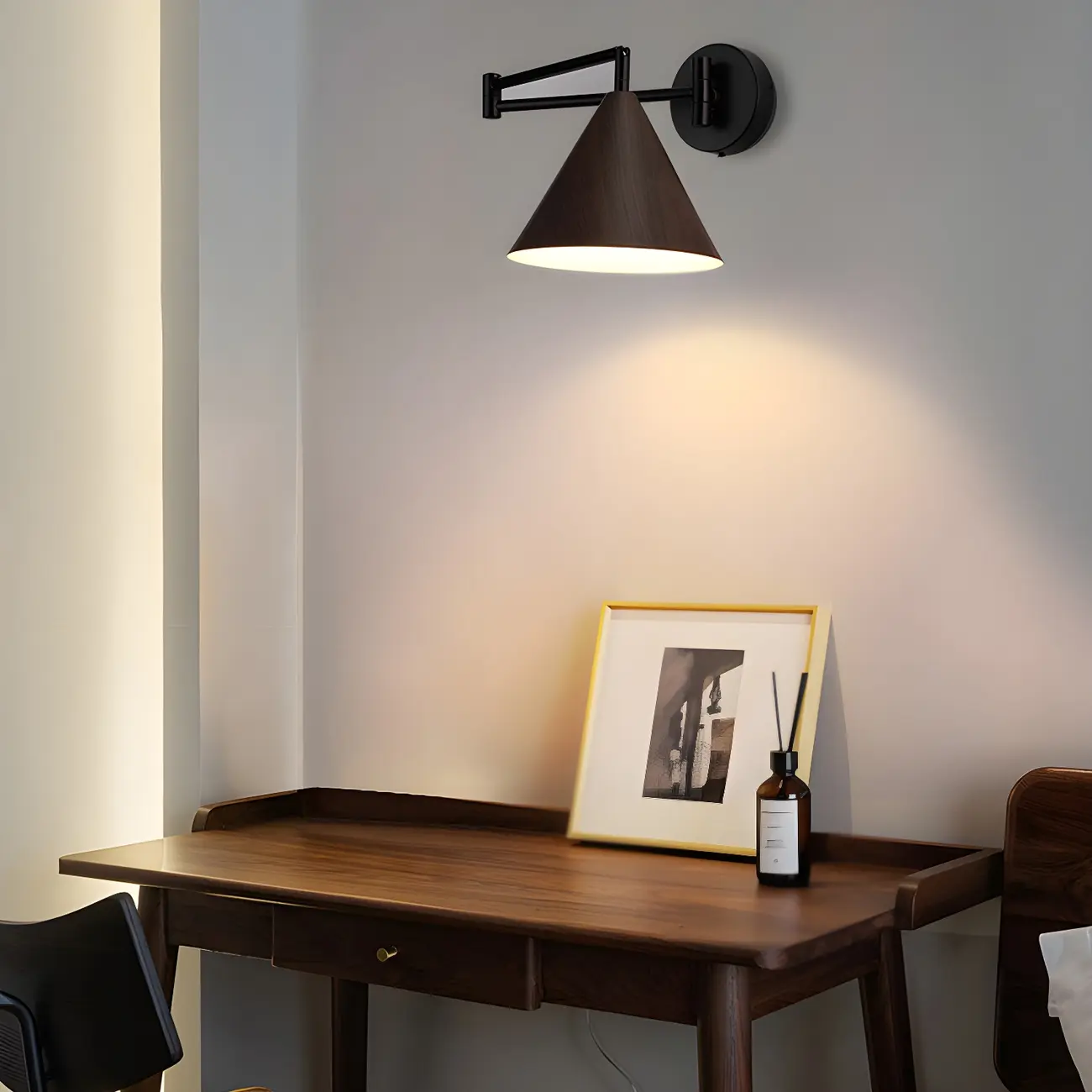 Black Metal Swing Arm Wall Light with Wood Shade