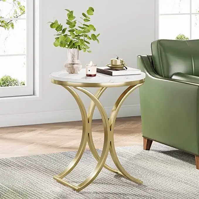 Round Side Table with Faux Marble Top and C-Shaped Metal Legs