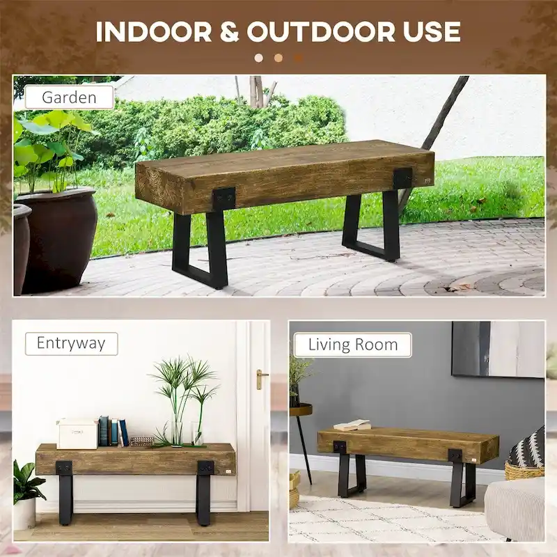 Garden Bench w/Metal Legs,Rustic Wood Effect Concrete Entryway Bench