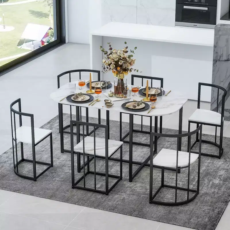Modern 7-Piece Dining Table Set with Faux Marble Top and 6 Chairs 4N - ModernLuxe