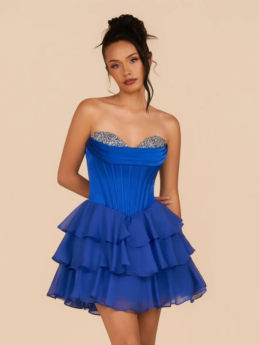 Royal Blue - Strapless A Line Ruffles Homecoming Dress With Beading
