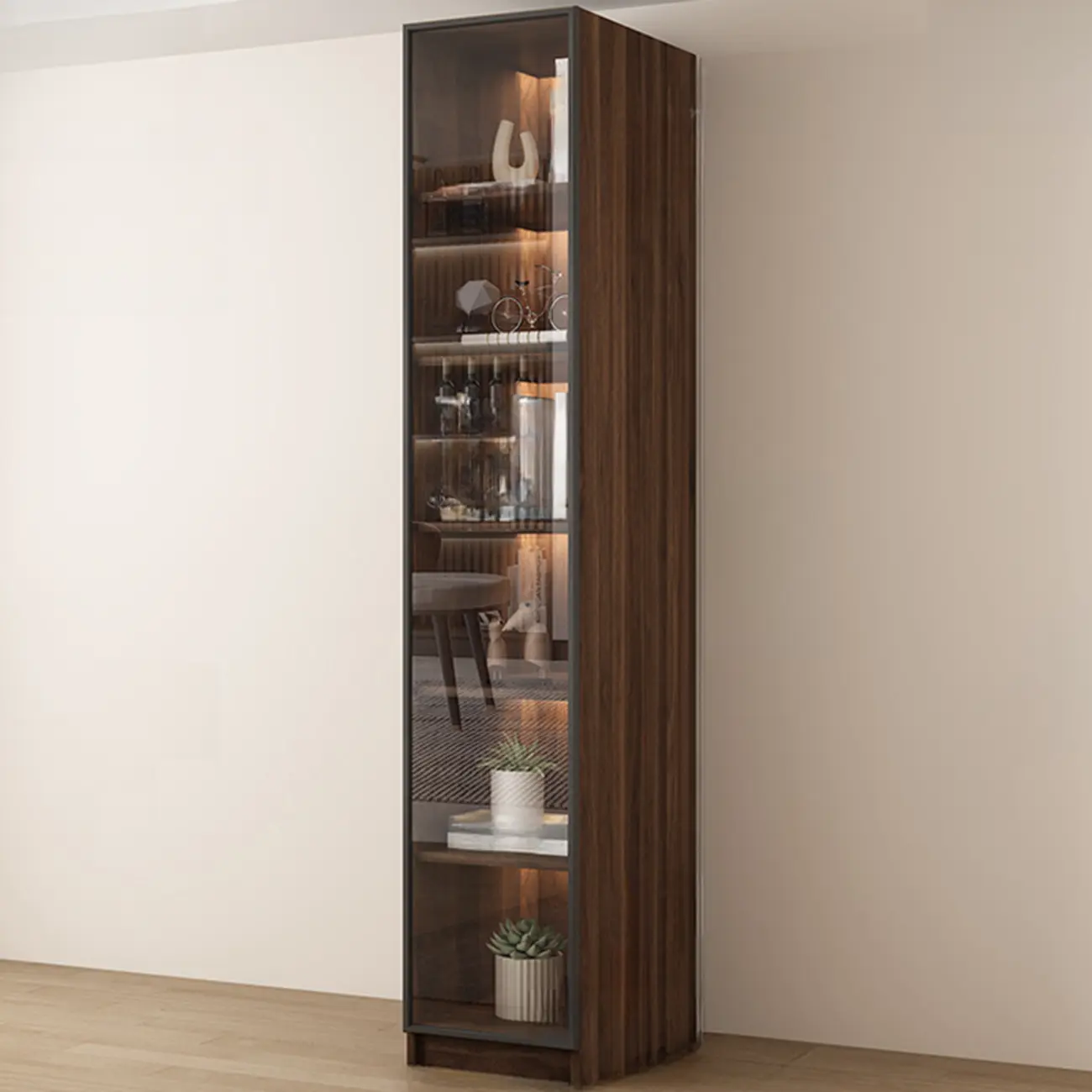 Modern Glass Door Walnut Wooden 5-Shelf Bookcase