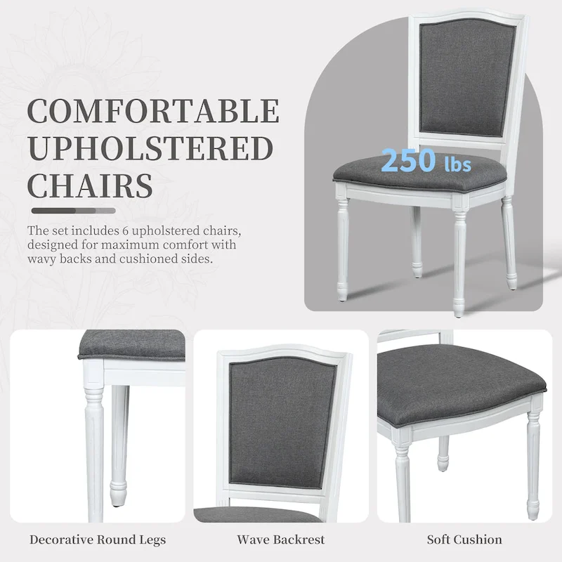 7 Pcs Dining Table Set, Solid Wood Table and Chairs Set with Extendable Dining Table, 2 Drawers and 6 Upholstered Chairs