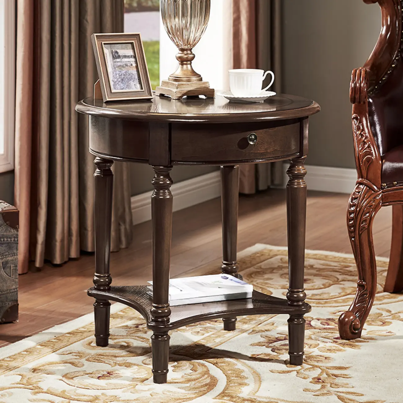 Classic Wood Round End Table for Living Room with Storage