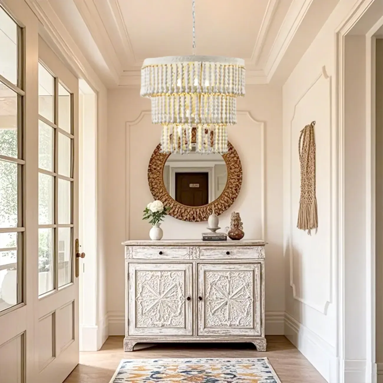 3 Tiers White Wood Beaded Chandelier with Elegant Design