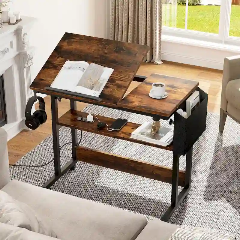 Height-Adjustable Rolling Laptop Desk with Charging Station, Brown/Grey/Black, 1-Person