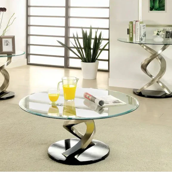 Satin Plated Metal & Tempered Glass Round Coffee Table with Double Helix Pedestal Base – Single