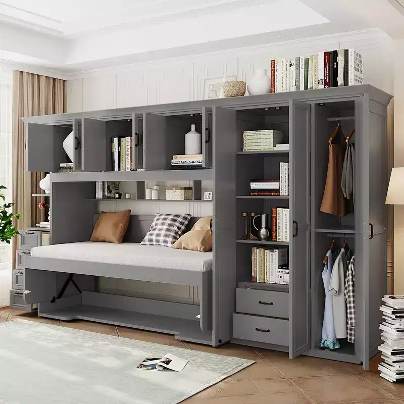 GDF Studio Lawson Twin Size Murphy Bed Wall Bed with Wardrobe, Cabinet and Desk